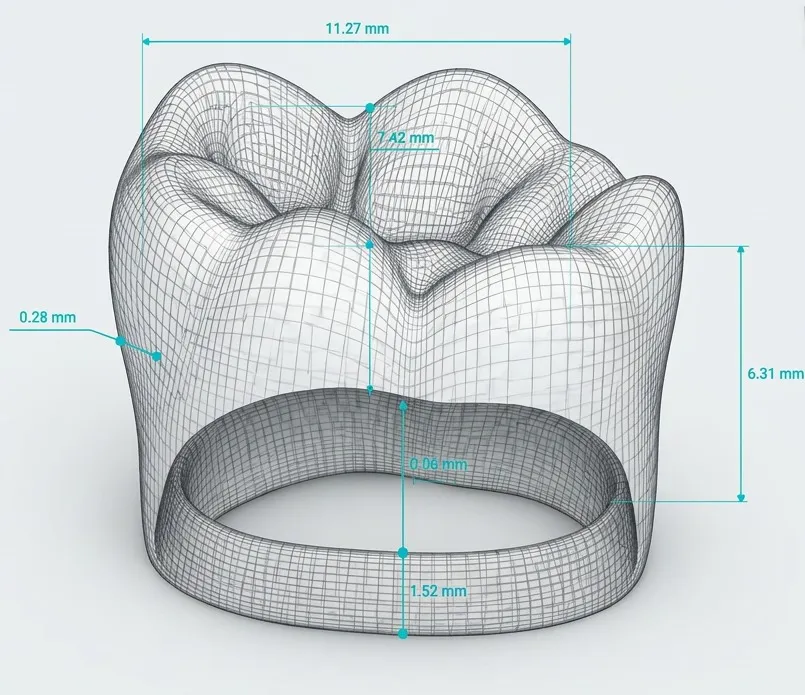 Dental CAD workstation showing a wireframe crown with precision measurement guides